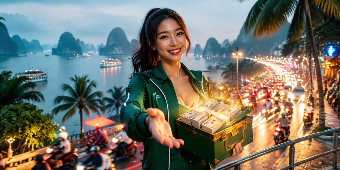 Khung cảnh vịnh Hạ Long về đêm với ánh đèn neon sôi động gợi lên không khí giải trí trực tuyến