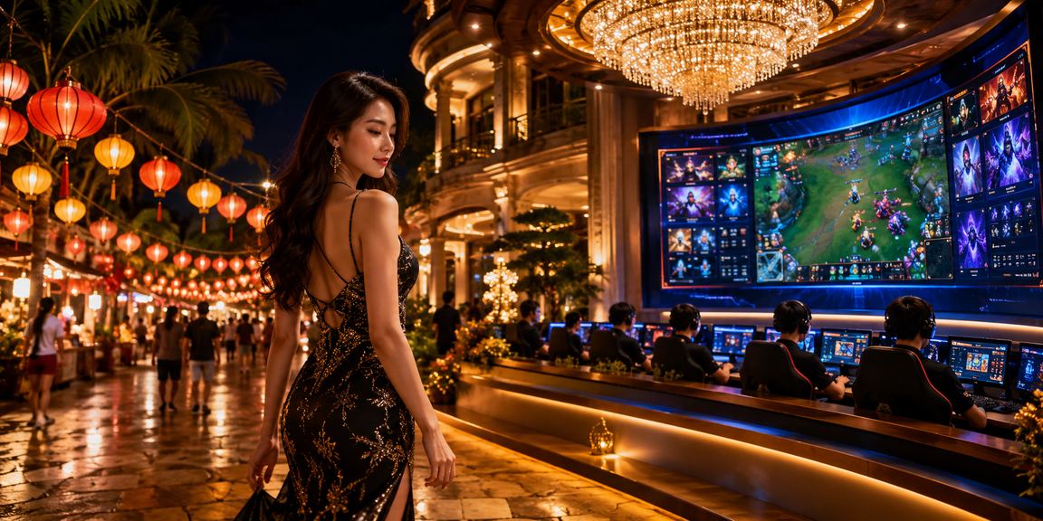 Người chơi cá cược esports tại chợ đêm Phú Quốc xem kèo trên điện thoại di động buổi tối